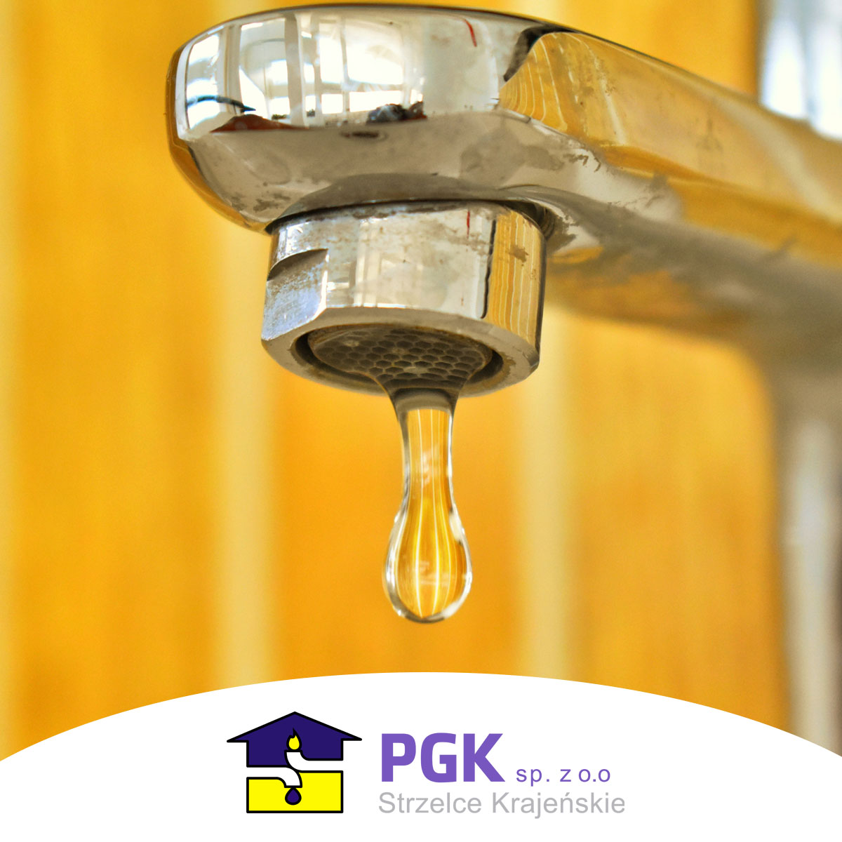 Na zdjęciu kran z cieknącą wodą i logo PGK