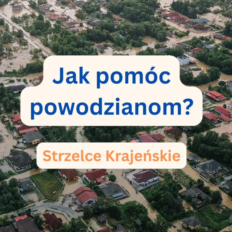 Napis: jak pomóc powodzianom.