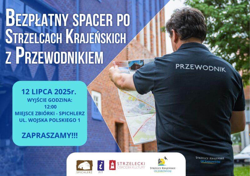 Obrazek przedstawia przewodnika, który trzyma mapę gminy.