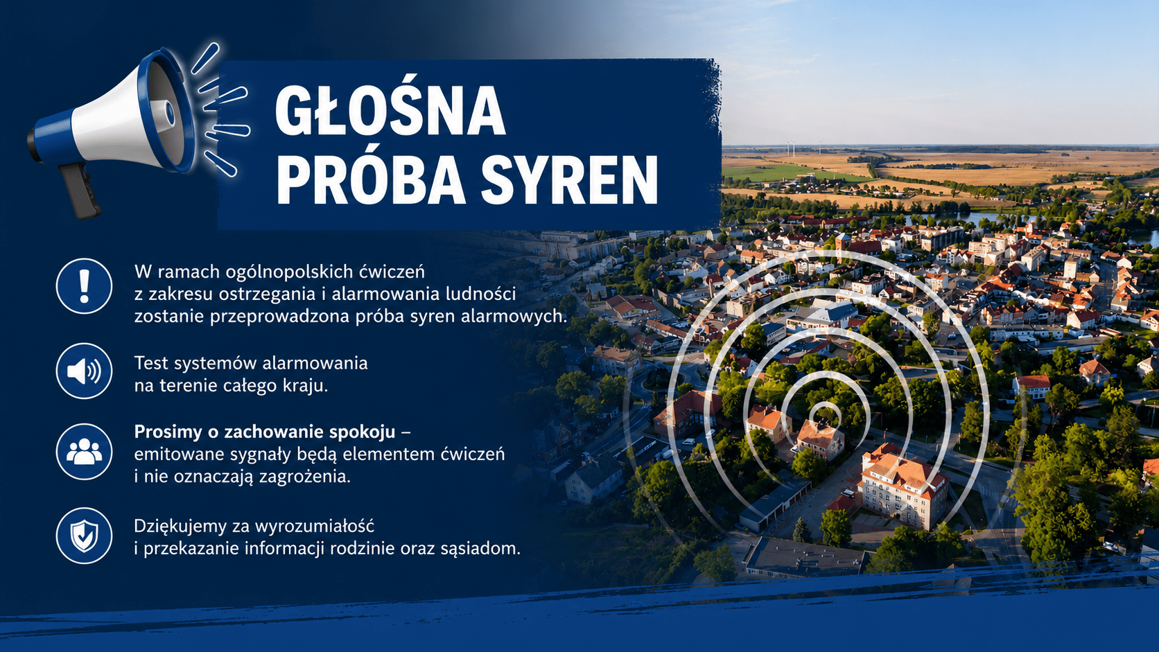 Grafika z napisem: Głośna próba syren